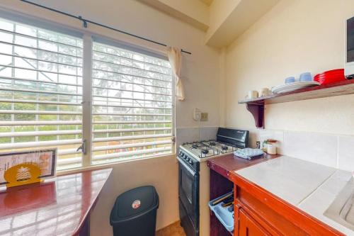 a kitchen with a stove and a counter top at Palmetto#1 @ Island Cabanas in Caye Caulker