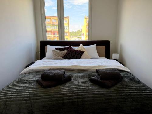 a large bed with two pillows on it with a window at Apartament Sudeckie Kamyki in Głuszyca
