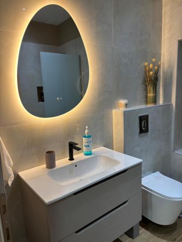 a bathroom with a sink and a mirror and a toilet at Paloma Apartment in Drama