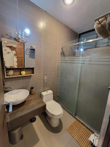 a bathroom with a toilet and a sink and a shower at Home La Reina in Guadalajara