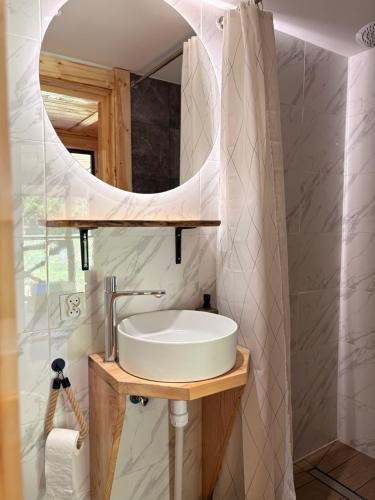 a bathroom with a sink and a mirror at Sigła w sidłach in Aleksandrów