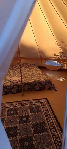 a bed in a tent with a rug in it at Siedlisko Stasin in Trojanów
