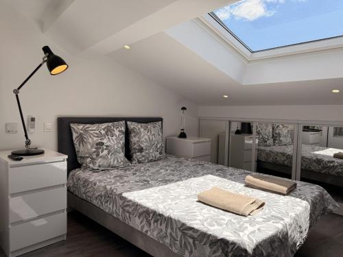 a bedroom with a bed and a skylight at *Climatisé* Duplex en hyper centre refait à neuf in Le Puy-en-Velay