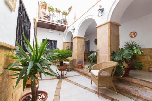 un patio con macetas en un edificio en Casa Turística Patio Cordobés - Parking privado en la Judería en Córdoba