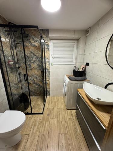 a bathroom with a shower and a toilet and a sink at Apartament M1 w centrum Wiela in Wiele