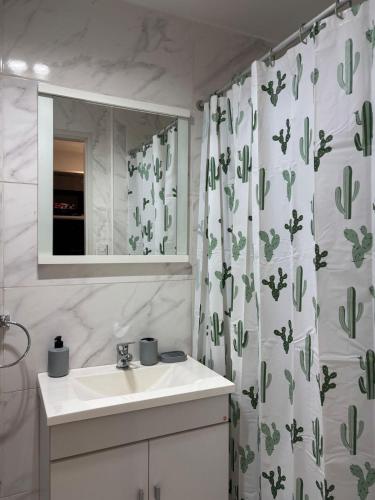 a bathroom with a sink and a shower curtain with cactus at Bnb loft XlV - Pasos Bv oroño y Av pellegrini in Rosario