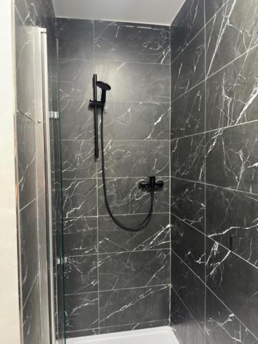 a bathroom with a shower with a black marble wall at Wellness apartment Karlštejn in Karlštejn