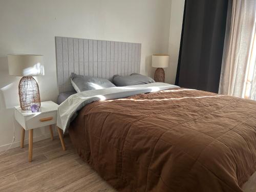 a bedroom with a bed and a table with a lamp at Cosy house studio in Saint-Aunès