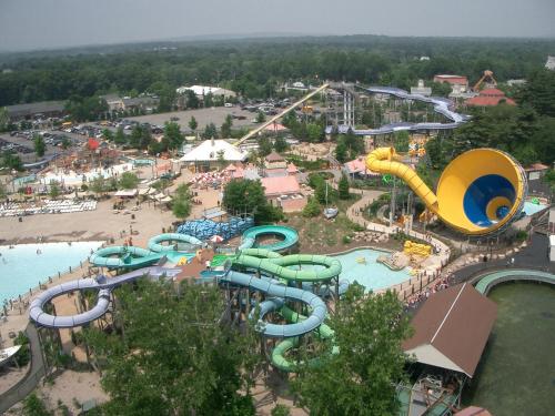 an aerial view of a water park with slides at Baymont by Wyndham Kennesaw in Kennesaw