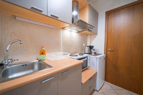 a small kitchen with a sink and a stove at Rosso 3 City Centre Apartment in Heraklio