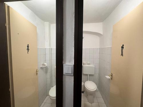 a bathroom with a toilet and a bathroom with two men on the walls at Görbeút Vendégház in Vigántpetend