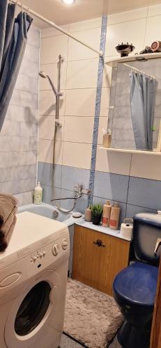 a bathroom with a washing machine and a toilet at Deivido apartamentai Šiauliuose in Šiauliai