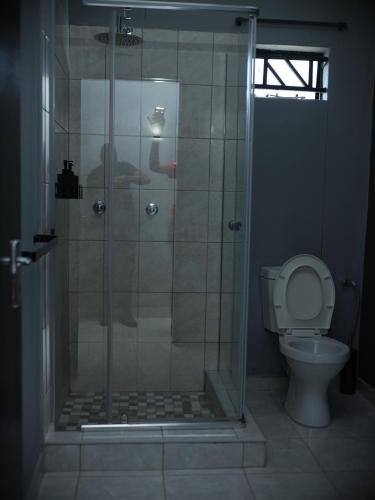 a bathroom with a shower with a toilet at P Daisy in Rundu