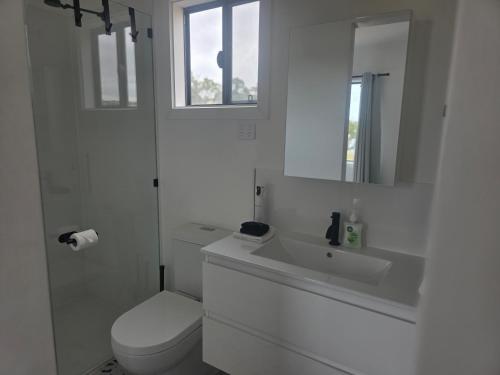 a white bathroom with a toilet and a sink at Tiatukia Beach House in North Shields