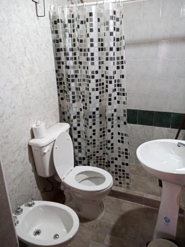 a bathroom with a toilet and a sink at Hostel El Alamo in Maimará