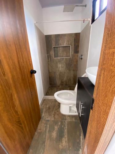 a bathroom with a toilet and a sink at apartamento dúplex con balcón y central in Estación El Salto