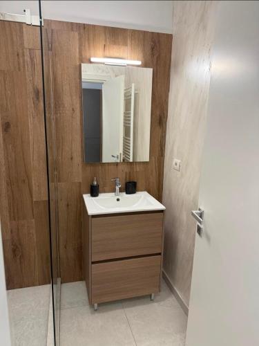a bathroom with a sink and a mirror and a shower at Ștefan Seafront Residence in Năvodari