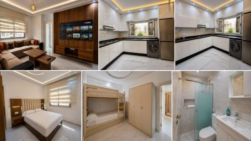 a collage of photos of a kitchen and a living room at Plage & Confort in Fnidek