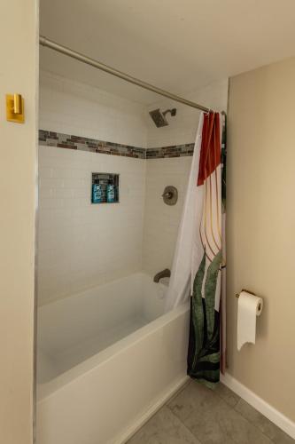 a bathroom with a tub and a shower curtain at Grateful Manor-Close to Downtown- Sauna in Livingston Manor