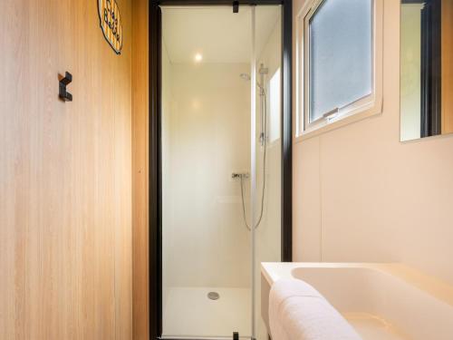 a bathroom with a shower and a sink at Comfortable caravan in a green setting in Vierhuizen
