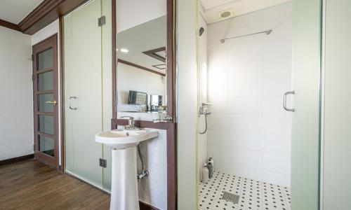 a bathroom with a sink and a shower at Mobydick Hotel in Yangyang