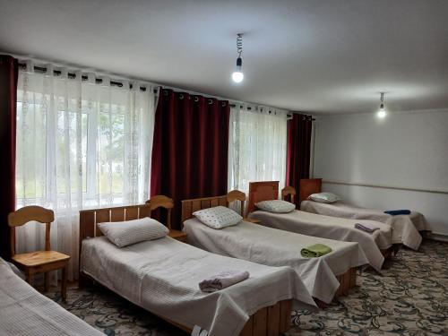 a group of beds in a room with windows at Bugu Too Guest House in Kaindy