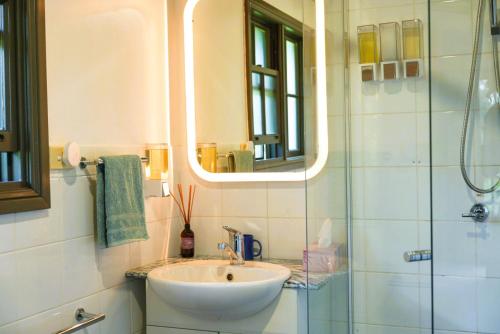 a bathroom with a sink and a shower with a mirror at The Bower at Wildside Sanctuary in Bilpin