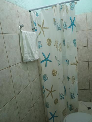 a bathroom with a shower curtain with starfish on it at Bela Vista Pousada Alter in Alter do Chao