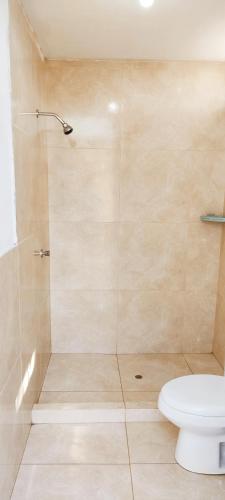 a bathroom with a shower with a toilet and a sink at Casa Rústica Diaz in Ica