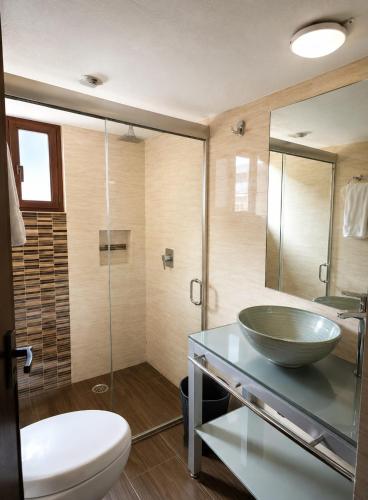 a bathroom with a bowl sink and a toilet at Hotel Avenida in Zacatlán