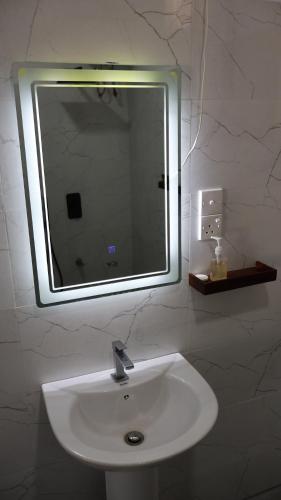 a bathroom sink with a large mirror above it at Adam's Palm Resort in Talaimannar
