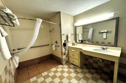 a bathroom with a sink and a mirror at Travelodge by Wyndham Thomasville AL in Thomasville