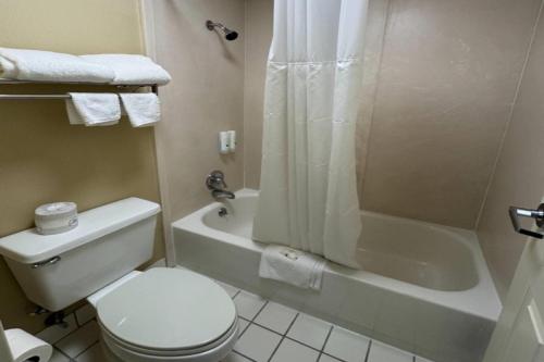 a bathroom with a white toilet and a shower at Quality Inn Franklin South in Franklin