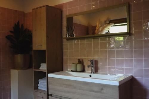 a bathroom with a sink and a mirror at Het Leendernest in Leende