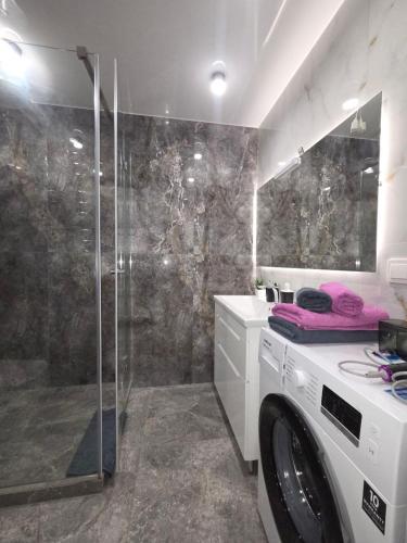 a bathroom with a shower and a washing machine at Апартаменты возле отеля Украина in Chernihiv