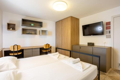 a hotel room with two beds and a tv at Casa Riccobon 5 in Koper