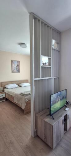 a living room with a bed and a television at Sea&Sunset Studio in Sozopol