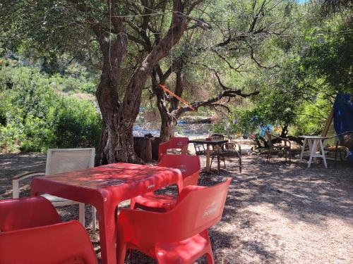 a red table and chairs in front of a tree at Gjipe eco campground 2 in Ilias