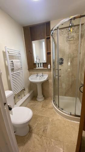 a bathroom with a shower and a sink and a toilet at Sunnyside Cottage in Sedbergh