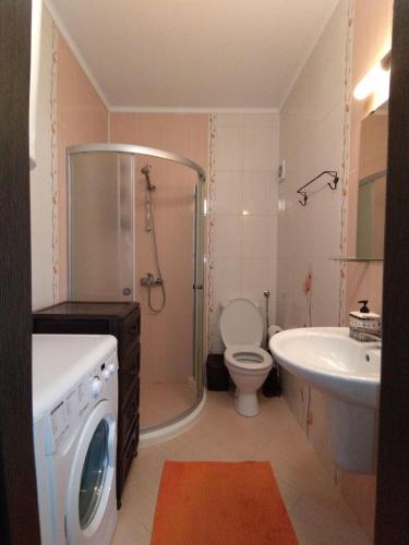 a bathroom with a shower and a toilet and a sink at Comfy Home in Pomorie