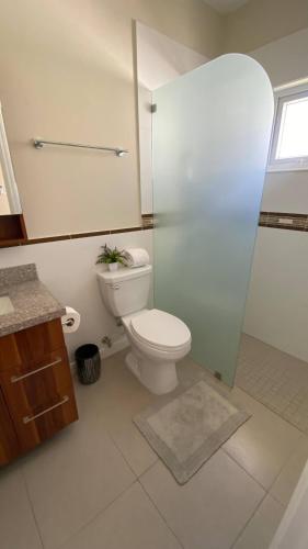 a bathroom with a toilet and a glass shower at Oceanpointe Serenity Get Away-solar pool WiFi in Lucea
