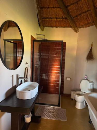 a bathroom with a shower and a sink and a mirror at Vilagama Game Lodge in Naboomspruit