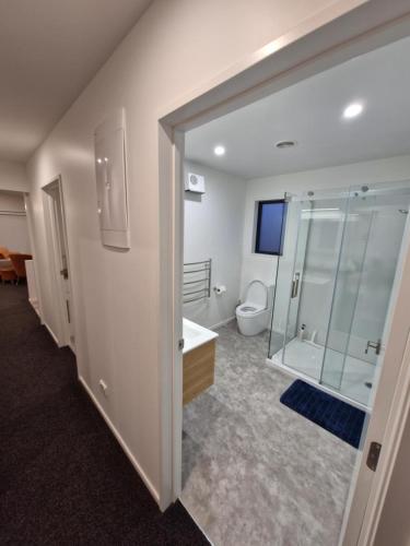 a bathroom with a toilet and a glass shower at Modern Omarama Getaway in Omarama