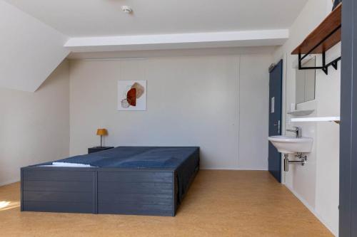 a bedroom with a bed and a sink in a room at Centrally Located Room in Buchs