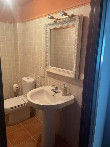 a bathroom with a sink and a toilet and a mirror at Badaguás in Badaguás