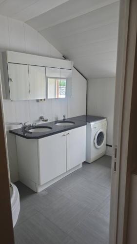 a white bathroom with a sink and a washing machine at zeer ruim appartement in Zottegem