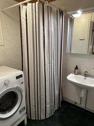 a bathroom with a washing machine and a sink at Trollebo Säteri in Vetlanda