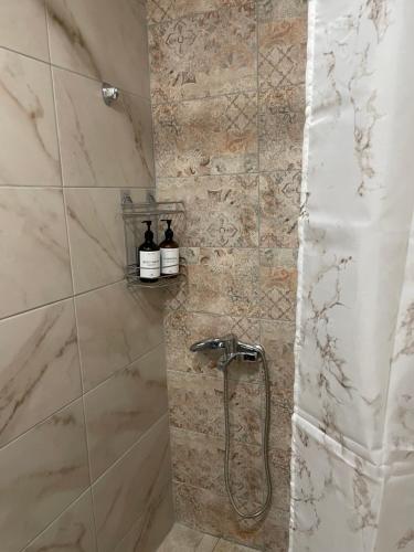a shower with a shower head in a bathroom at Mesovouni Stone Suites 1 in Mesovounion-Zagori