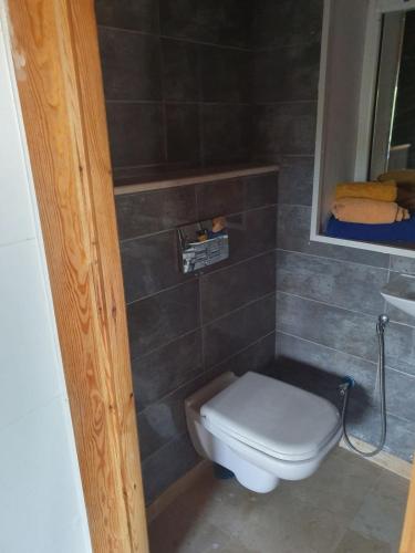 ein Badezimmer mit Toilette und Spiegel in der Unterkunft Charming chalet in Douar el Haj Mohammed