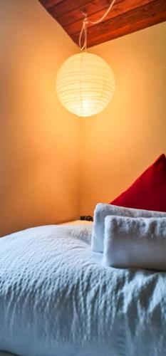 a bedroom with a white bed and a lamp at Bussalp Apartment - Aare Jungfrau AG in Grindelwald